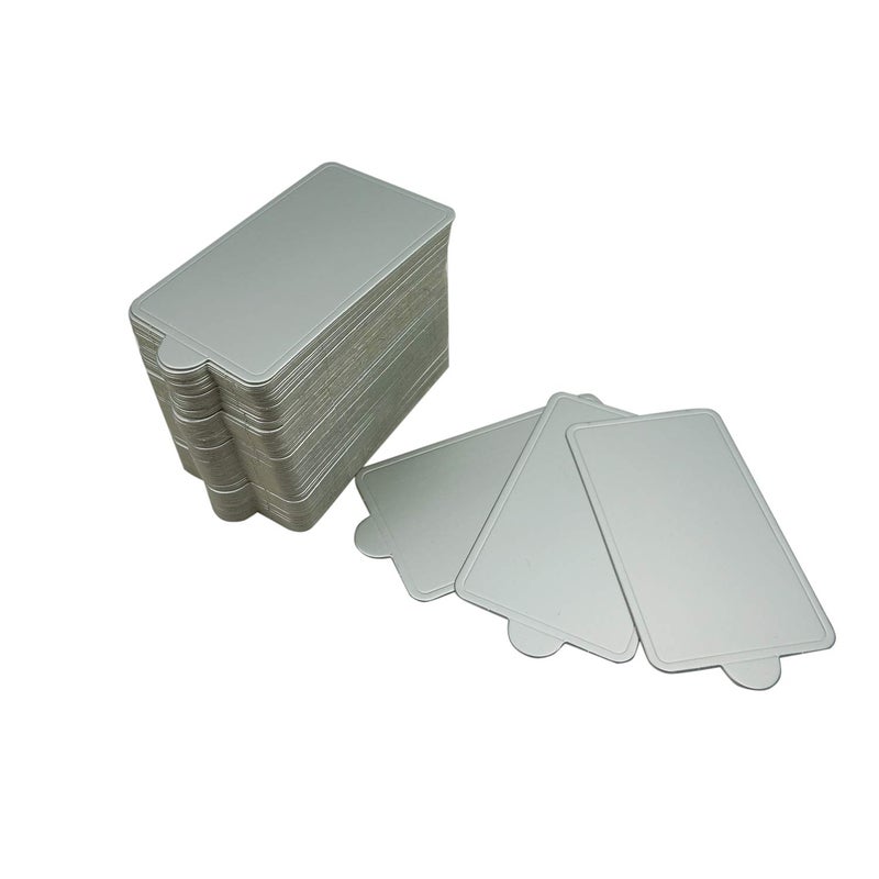 Proshopping 100 pcs 4.25"x2.36" Mini Cake Boards, Rectangular Silver Mousse Cake Cardboard Set, Cupcake Cake Base, Dessert Displays Tray, Disposable Paper Coasters - for Wedding Party Cake Pastry Cup - Image 1